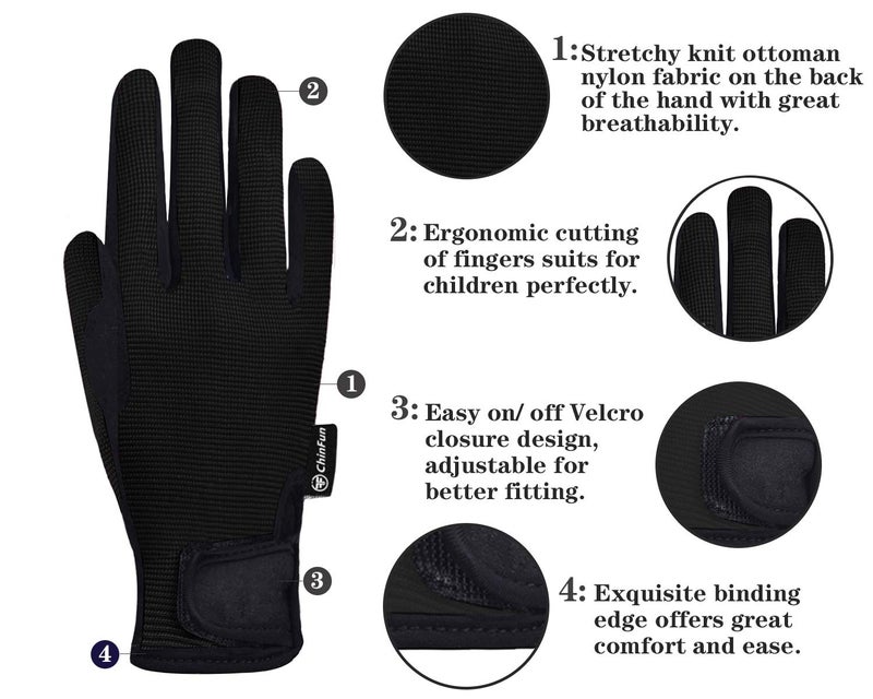 ChinFun Horse Riding Glove Equestrian Gloves Kids for Boys Girls Horseback Riding Gloves Grip for Youth Children Riding Sports Biking Cycling Gardening Black Size L - Image 2